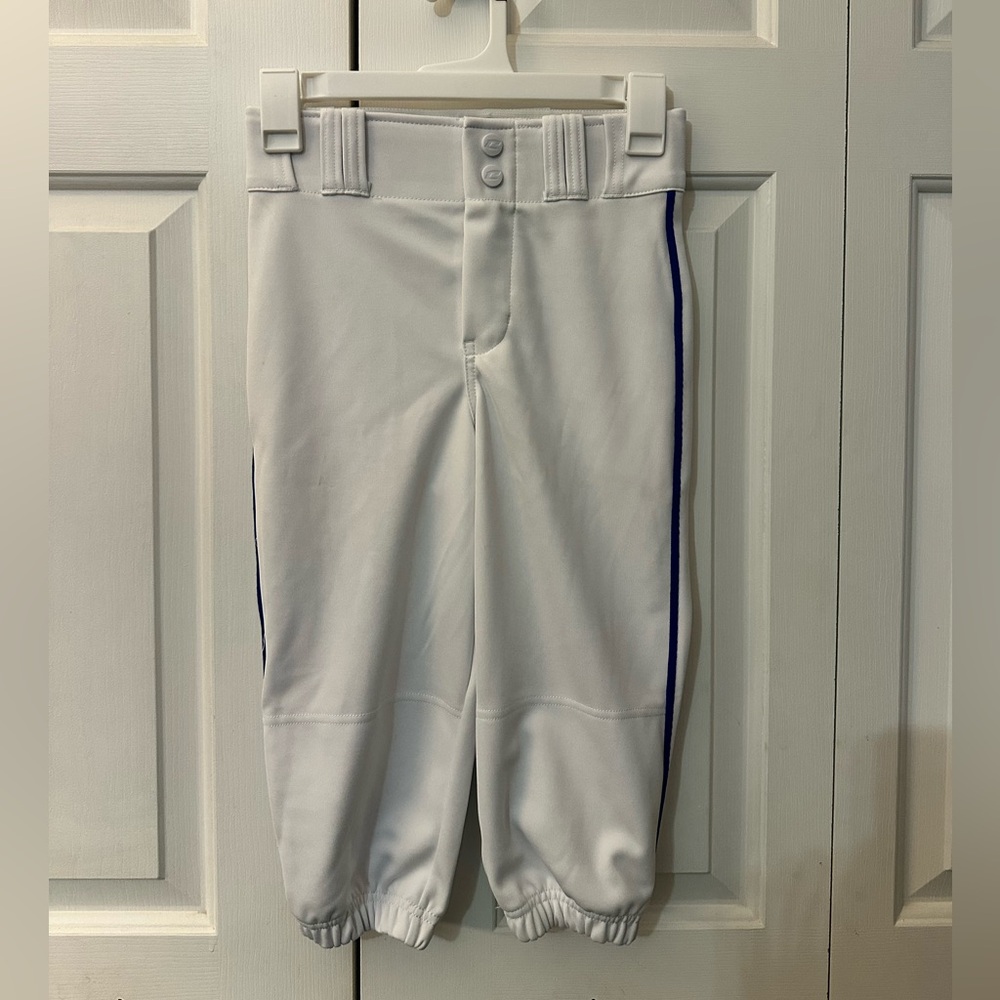 Kids White Baseball Knickers with Blue Side Piping - Size Youth Medium